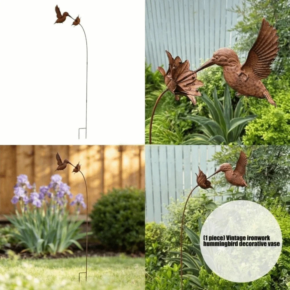 Rusty Metal Texture Hummingbird Garden Stake Stable Solid Structure Weather Resistant Iron 3D Realistic Bird Sculpture