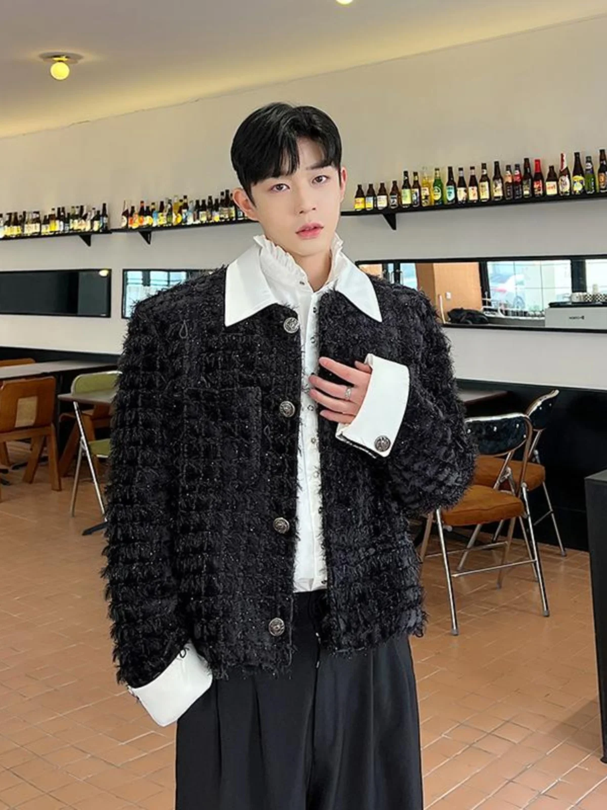 

Autumn Faionable Men's Removable irt Collar Suit Jaet Luxury round Ne West Coat Trendy Casual Long Sve Loose Fit