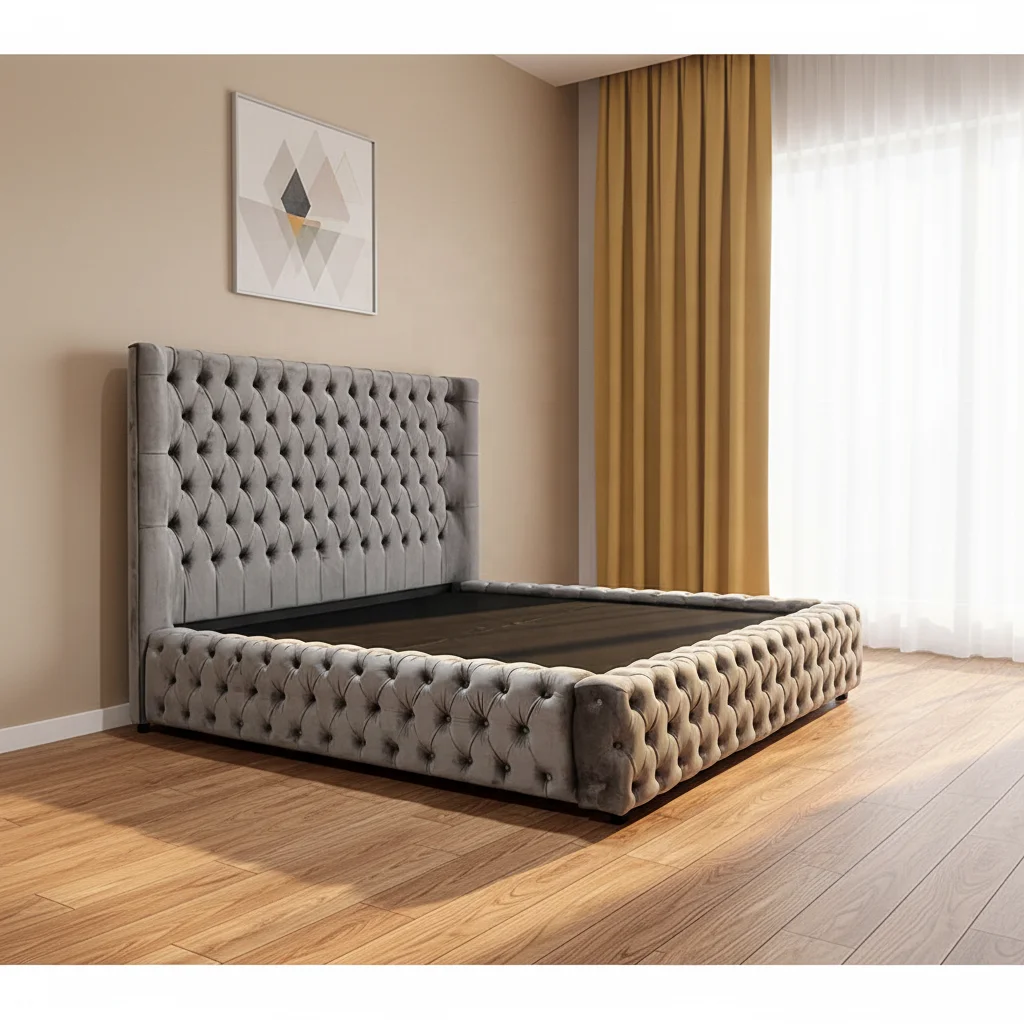 #Factory Outlet Modern Tufted Soft Bed Set Storage Bluetooth Audio System Fireplace