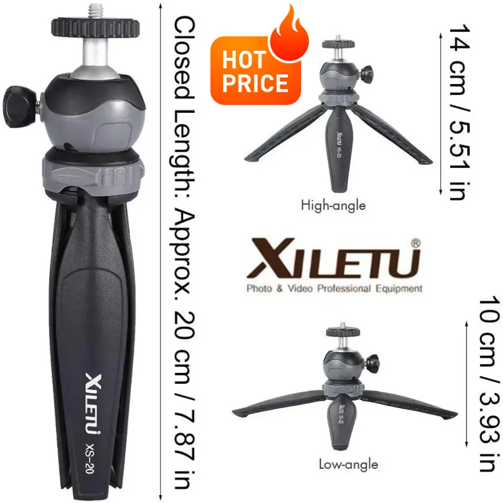 XILETU XS-20 Mini Desktop little Phone Stand Tabletop Tripod for Vlog Mirrorless Camera Smart phone with Detachable Ball head