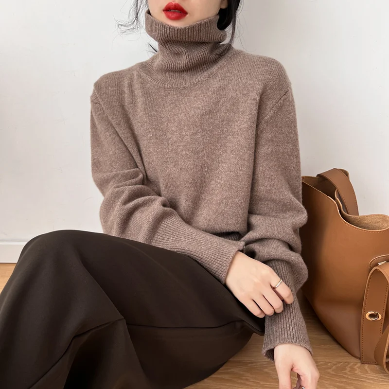 

Fashionable turtleneck cashmere sweater women's knitwear fall winter new languid lazy loose wool base sweater over pullover