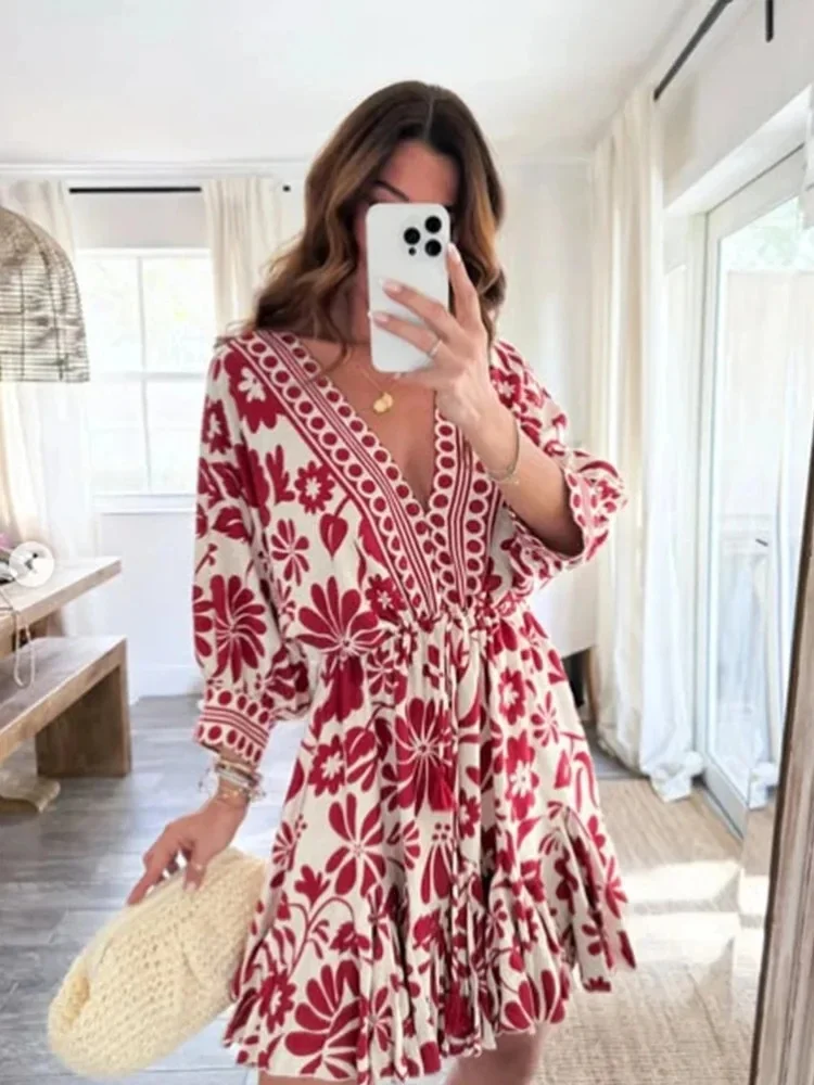 Red Floral Print Dress for Women Deep V-Neck Puff Sleeves Ruffles Perfect for Sunny Days Picnics Casual Chic Looks