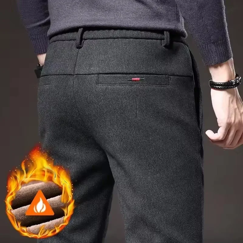 Winter Warm Men's Brushed Casual Pants Business Straight Slim Thick Fleece Trousers Plush Brand Male Clothes 28-38