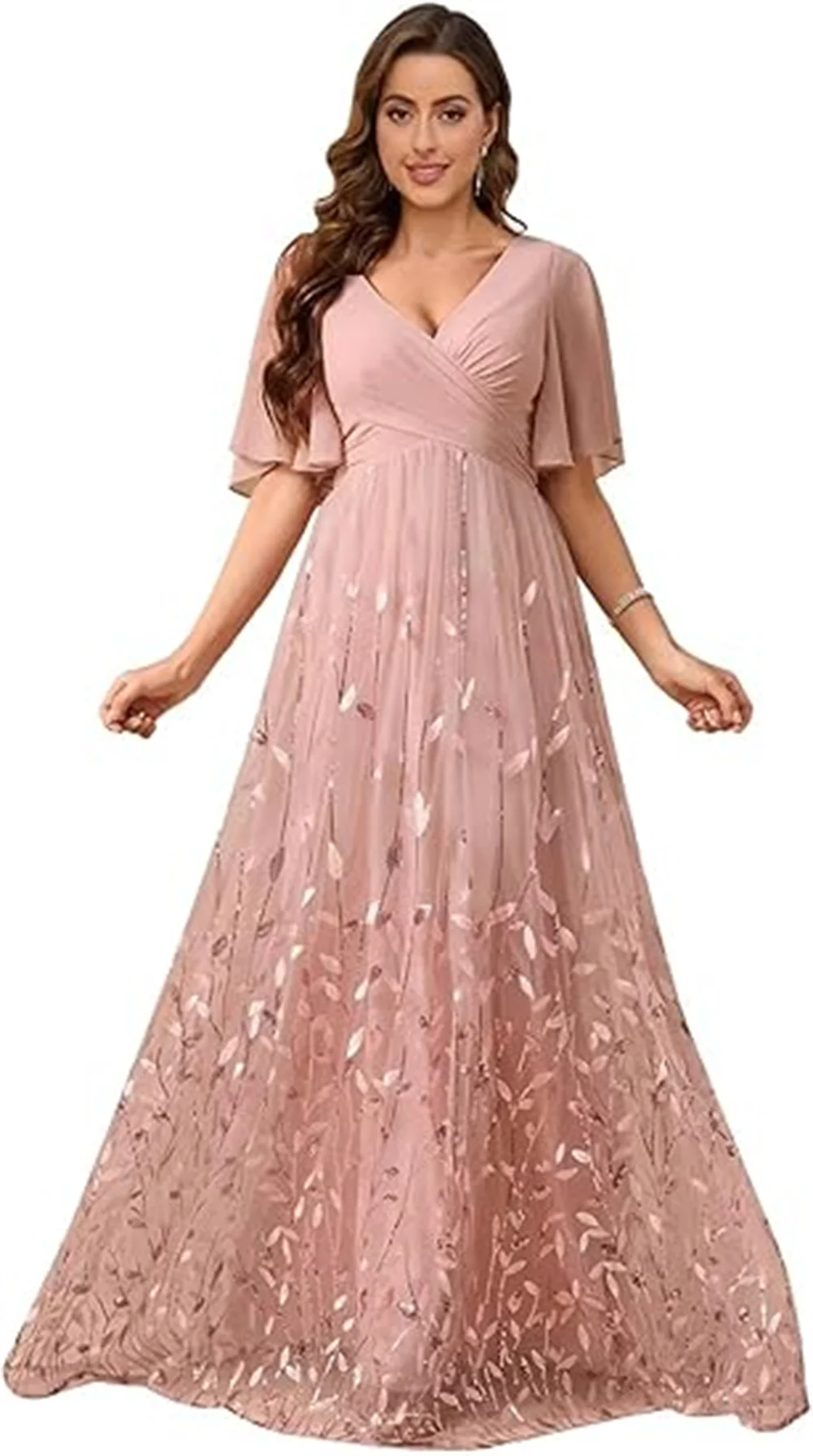 فستان أم العروس مخصص برقبة على شكل V شيفون ترتر وأكمام مكشكشة فستان سهرة رسمي بخصر إمبراطوري فستان زفاف الضيوف