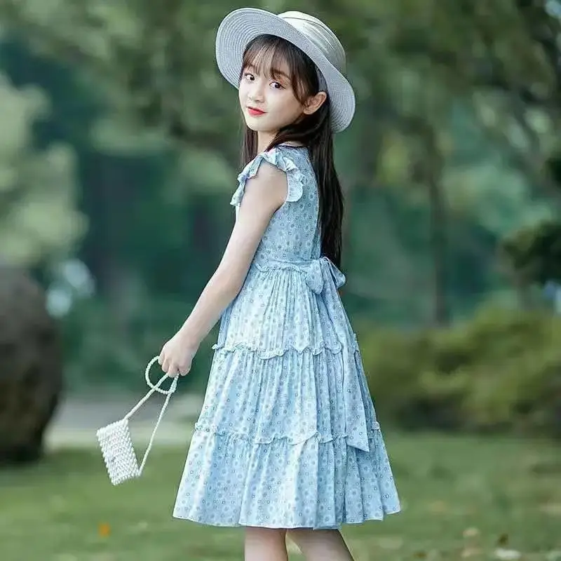 Floral Pattern Beach Bohemia chiffon off shoulder bow belt waist Teen 6 8 9 10 12 Year 2026 Summer New Girls Pleated Long Dress