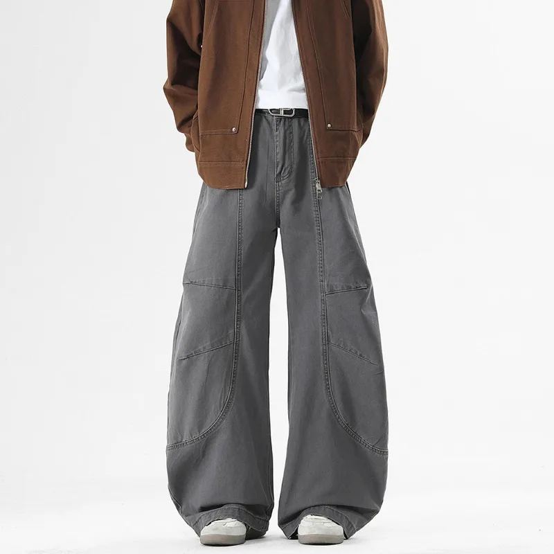 Men American Vintage Curved Cut Jeans Loose Wide Leg Trousers Draped Three Dimensional Cut Casual Denim Pants