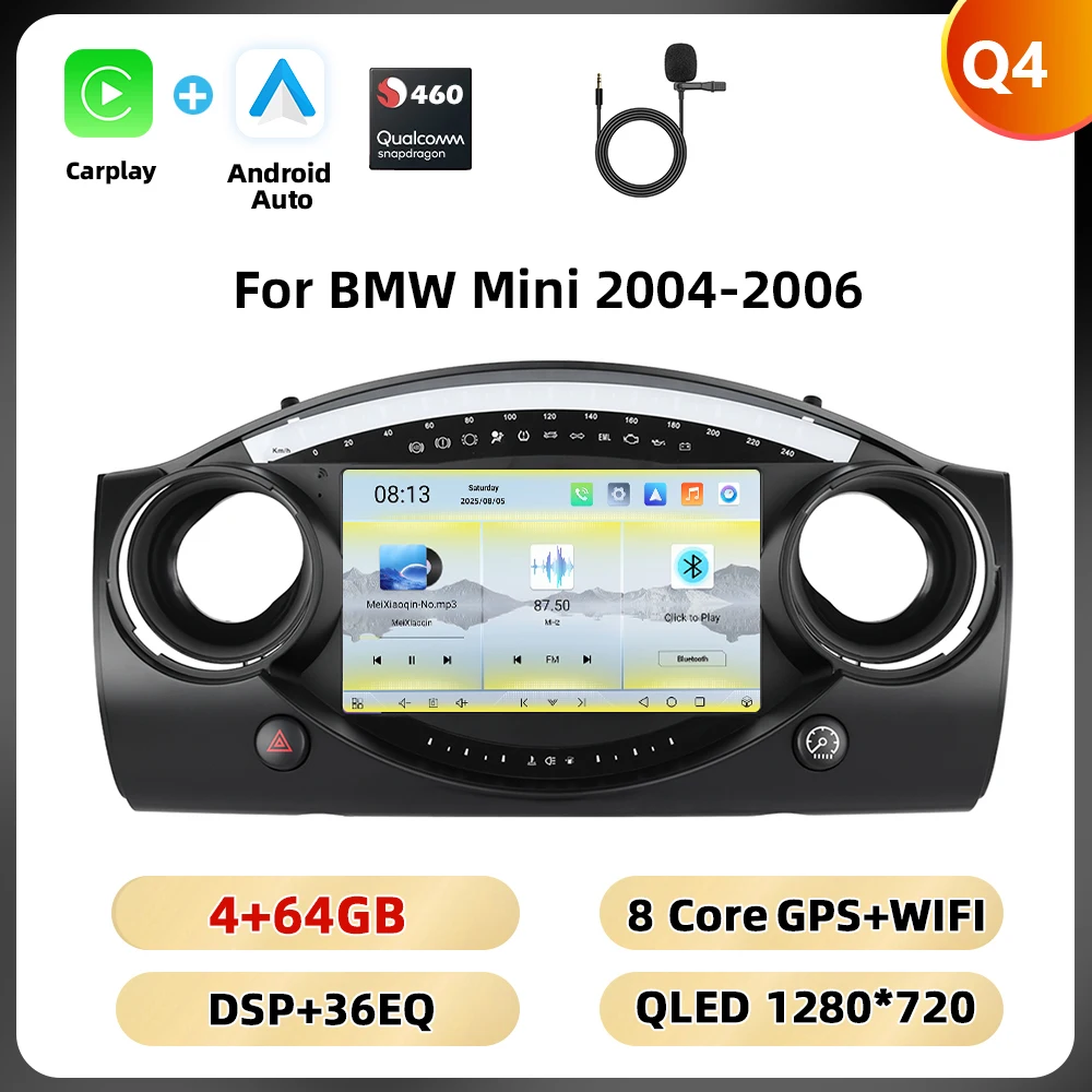 Podofo 8+128G 8-core autoradio voor BMW Mini 2004-2006 multimediaspeler Android Auto Carplay WIFI 4G Qualcomm AI spraakbesturing auto-audio