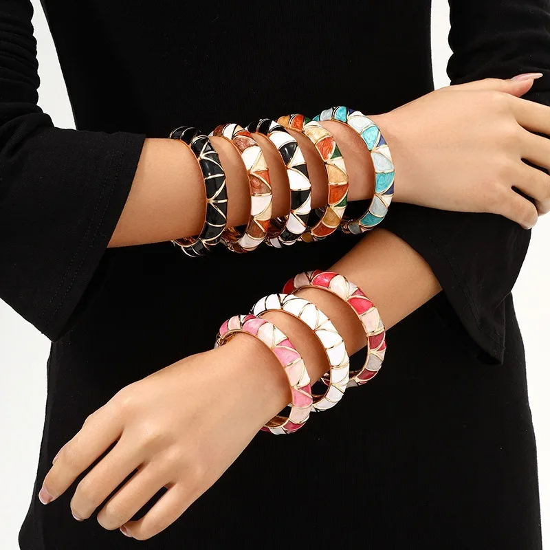 Bracelets en émail imitation Bohème pour femmes, bracelet en métal vintage à motif feuille, manchette à charnière, bijoux tendance pour femmes