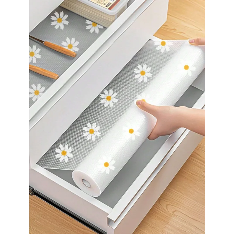 1 Roll Daisy Shelf Liner For Kitchen Cabinets EVA Waterproof Fridge Pad Cupboard Mat Easy Placemats Non-Adhesive Drawer Liner