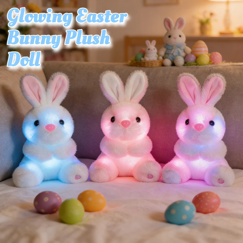 Urocza Mała Biała Królicza Pluszowa Lalka Miękka Puszysta Świecąca Króliczek Wielkanocny Zabawka Uspokajająca do Snu dla Dzieci i Niemowląt
