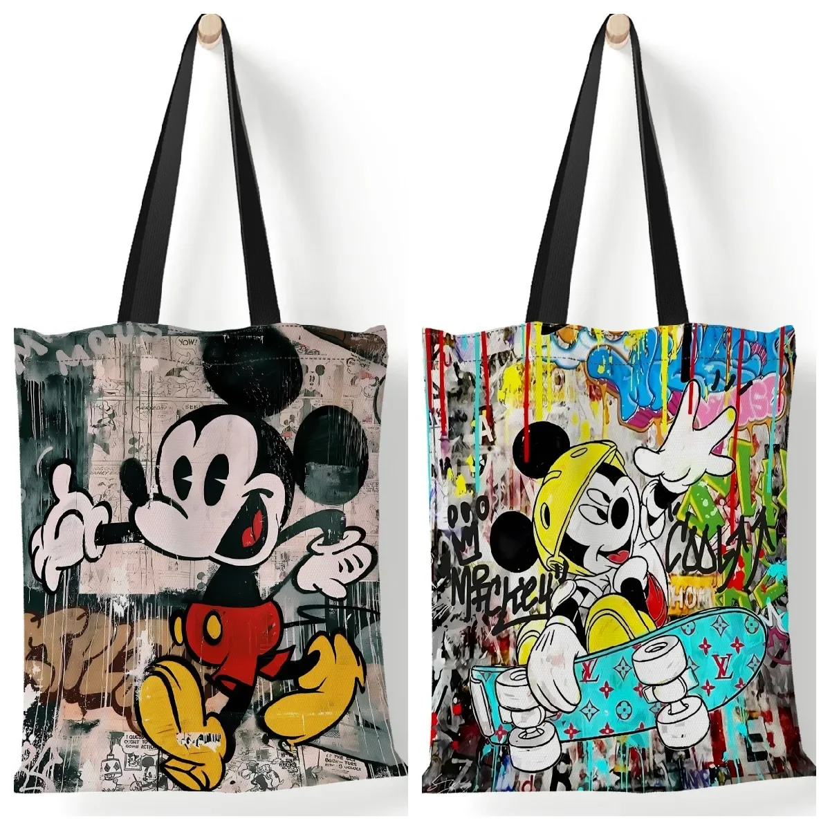 Disney-Bolso de hombro de Mickey y Minnie para mujer, bolsa de mano de lona con estampado de dibujos animados, gran capacidad de almacenamiento para