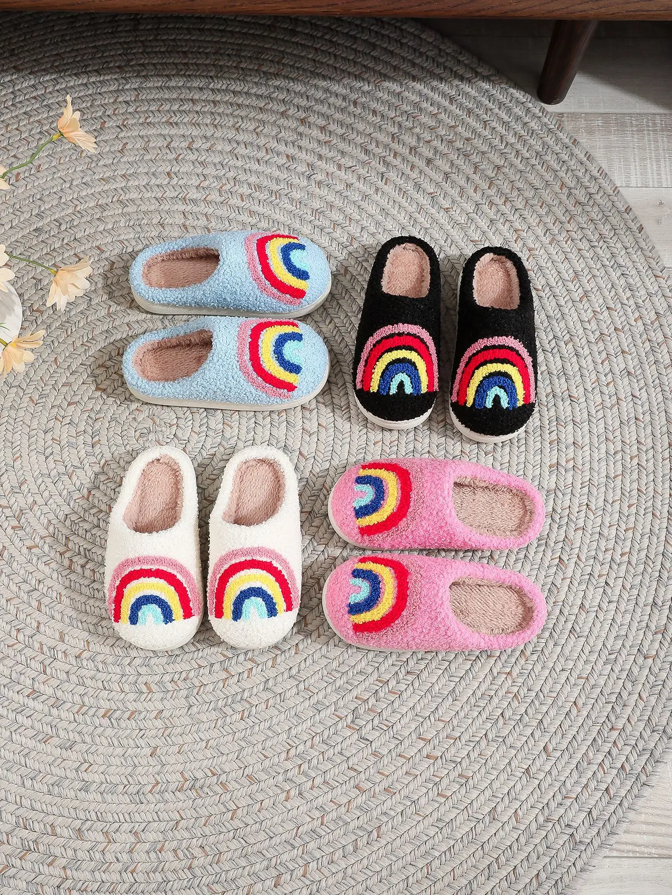 2026 Winter Regenbogen-Print Kinder Mädchen Jungen Hausschuhe Indoor Weiche Rutschfeste Paar-Hausschuhe Warme Plüsch-Flachpantoffeln Erwachsene Niedliche Schuhe – Detail 19