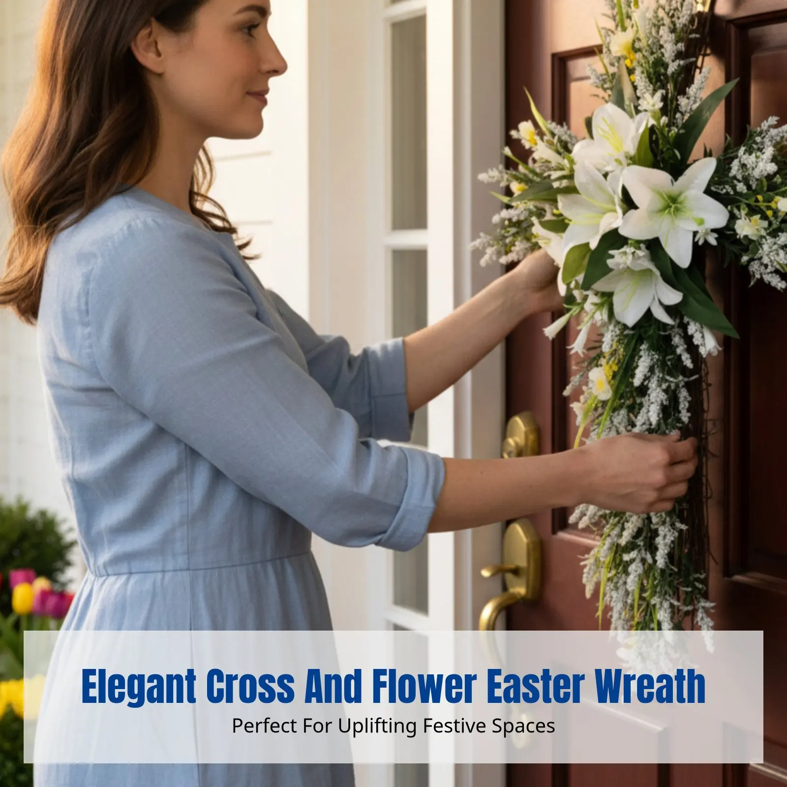 

Пасхальный венок с крестом, кремовая цветочная подвеска на дверь, элегантное минималистичное украшение для дома