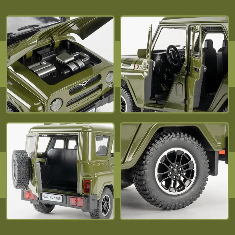 รถของเล่นโมเดล UAZ HUNTER ขนาด 1:18 รถออฟโรด ผลิตจากโลหะผสม แบบหล่อขึ้นรูป พร้อมประตูเปิดได้ มีเสียงและไฟ  แบบดึงหลัง สำหรับเด็ก เป็นของขวัญ