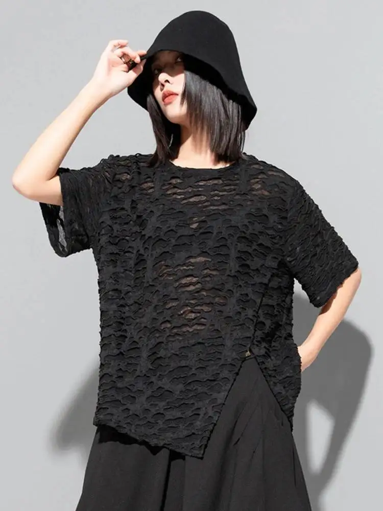 Black Lace Women Hollow Out Slit Irregular T-shirt New Round Neck Short Sleeve Fashion Spring Summer 2026 Z6MO