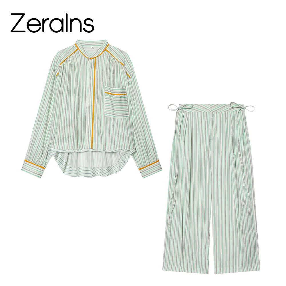 ZERAINS Damen Sommer-Outfit 2026: Neues Set mit langärmeligem Rundhals-Streifenshirt und Mid-Waist-Hose