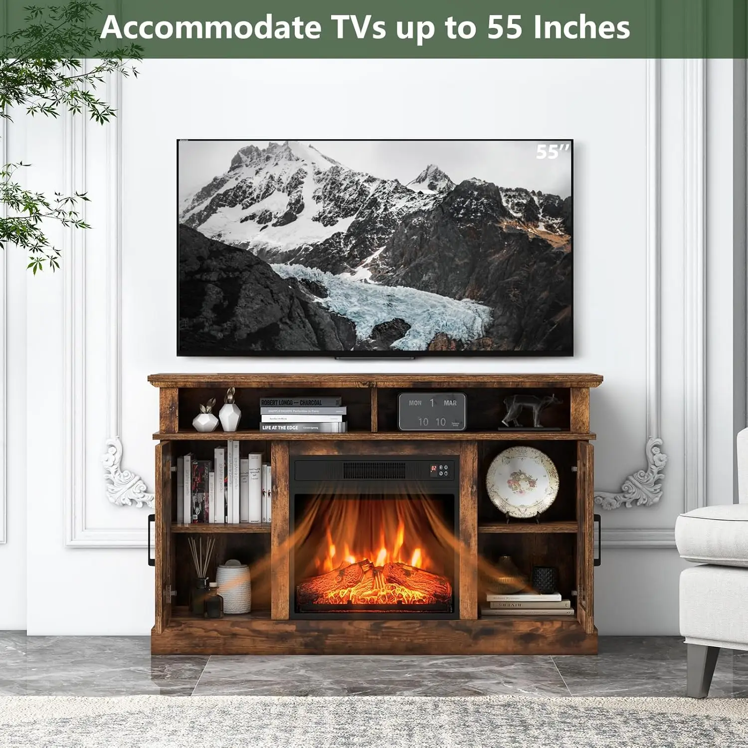 

Fireplace TV Stand for 55 TV, 48 Inch Tv Stand with 18 Inch Electric Fireplace Heater, Mondern Tv Console w/Cabinets Doors, 6H