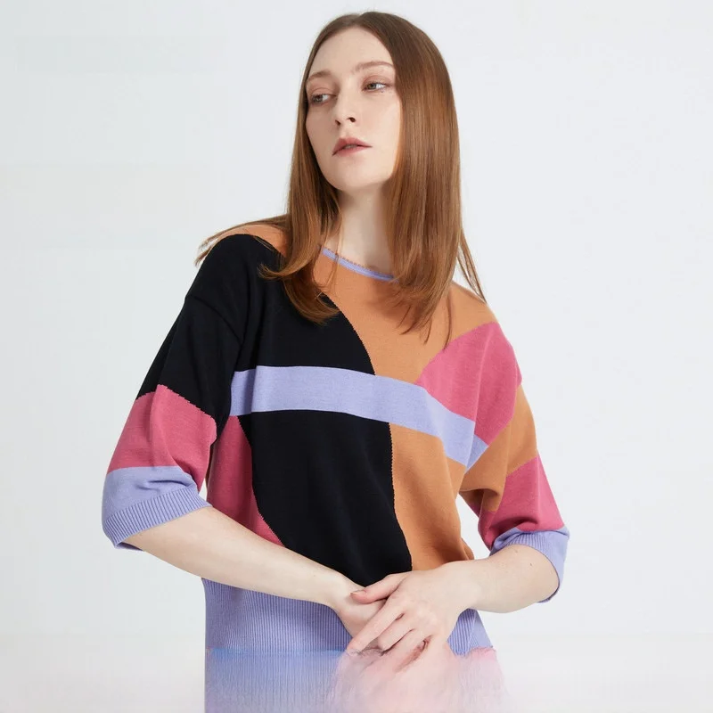 

00% Cotton Knitted Geometric Pattern f Sve Overhead Women's T-irt Comfortable Breathable Summer New Sle Faion De...