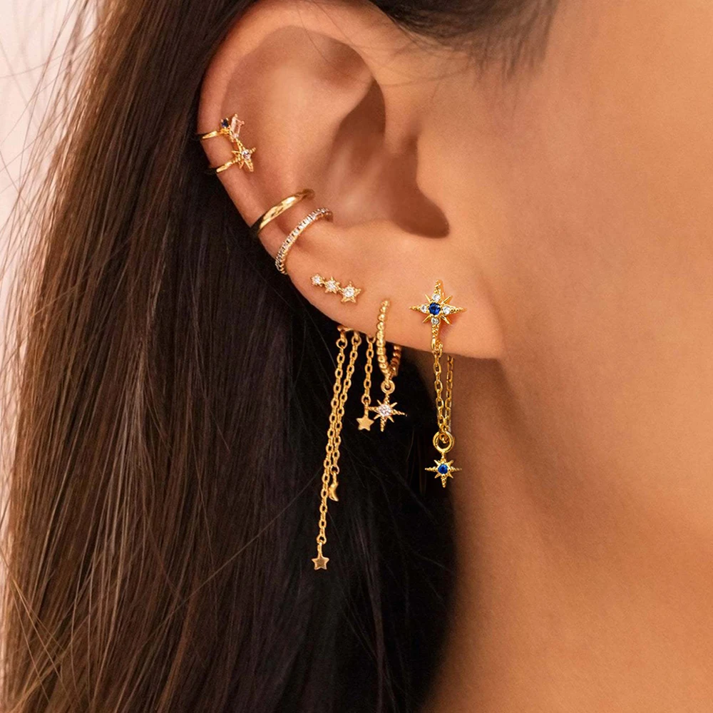 Nowy trend cyrkonia długie frędzle spadek kolczyki dla kobiet gwiazda księżyc łańcuszek wisiorek kolczyk do piercingu koreańska modna biżuteria