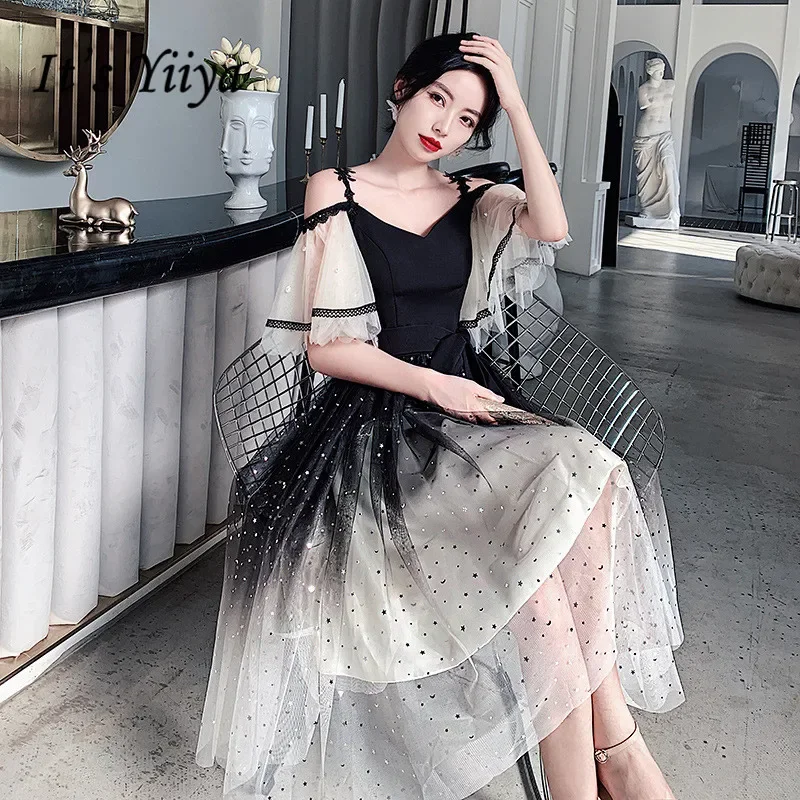 Abiti da sera Boat Neck È Yiiya R262 Elegante Nero Sfumato Robe De Soiree Della Cinghia di Spaghetti Sequin di Tulle Delle Donne Del Partito abiti