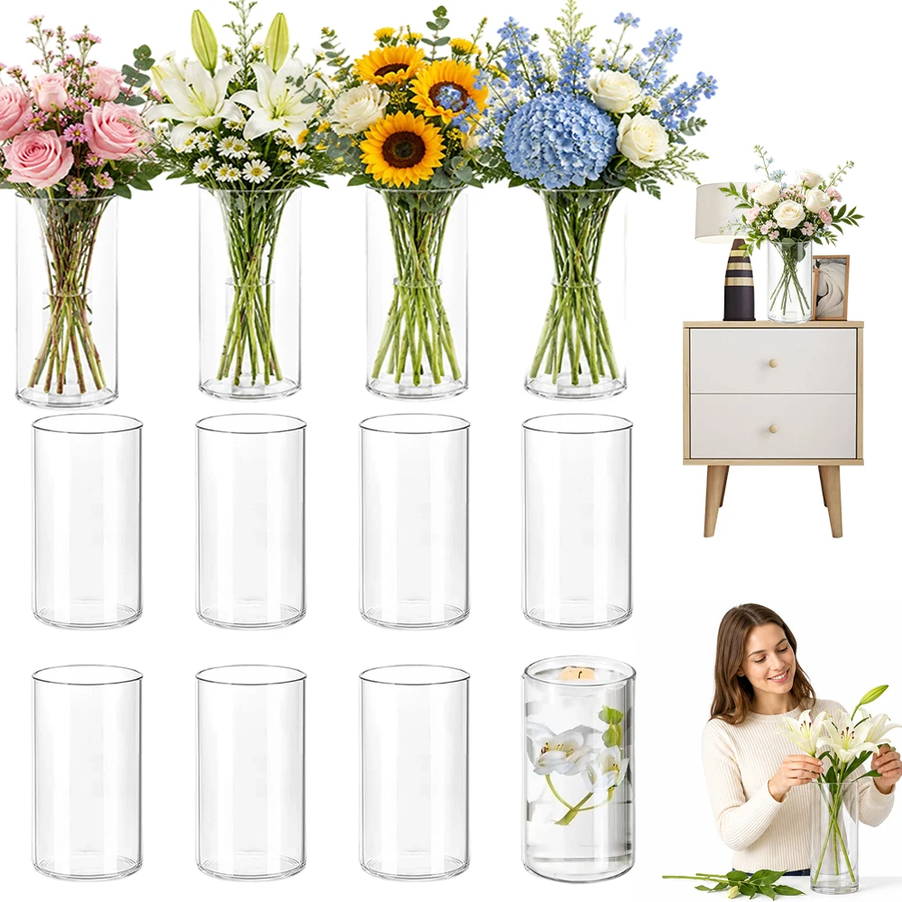 Vases cylindriques transparents en verre, 12 pièces, avec centre floral rond, conteneur à fleurs cylindrique transparent, décoration élégante pour centre de table, pour mariage, banquet, dîner, accessoires d'ornement pour la maison et le salon