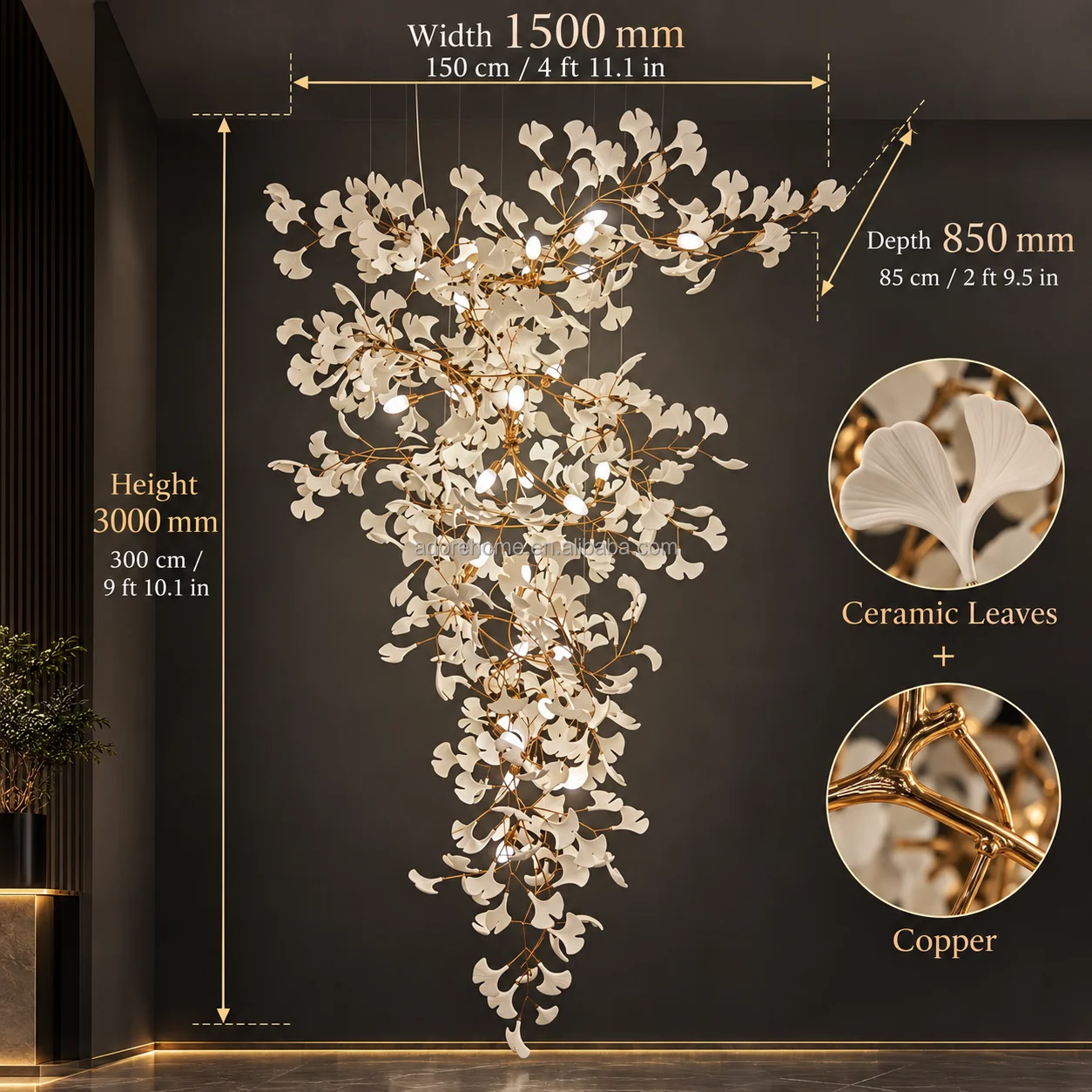 Modern Ginkgo Leaf Chandelier For Hotel Lobby Restaurant Villa, Gold Finish Ceramic Tree Pendant Light, Customizable MOQ 1pc
