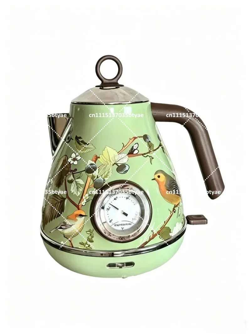 1.7L Retro Electrc Kettle Wood Grain Handle Boiling Kettle With Thermometer Automatic Power Off 304 stainless Steel Teapot 220V