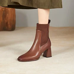 Women's Winter Boots 2024 Square Toe Thick Heel Warm Short Boots Autumn Slim Knitted High-heeled Slip-on Comfortable Ankle Boots