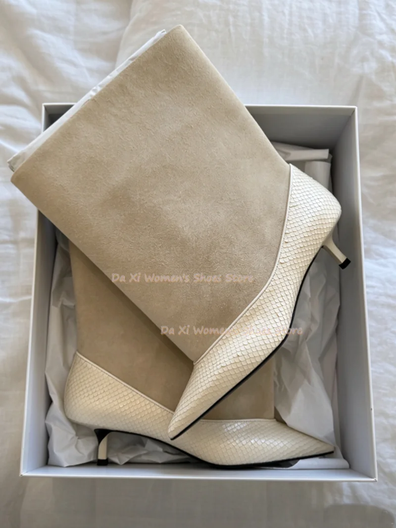 White Boot Shaft and Snakeskin Pattern Embossing Splicing  Ankle Boots Pointed Tip Loose-Fitting Kitten Heels Women's Boots