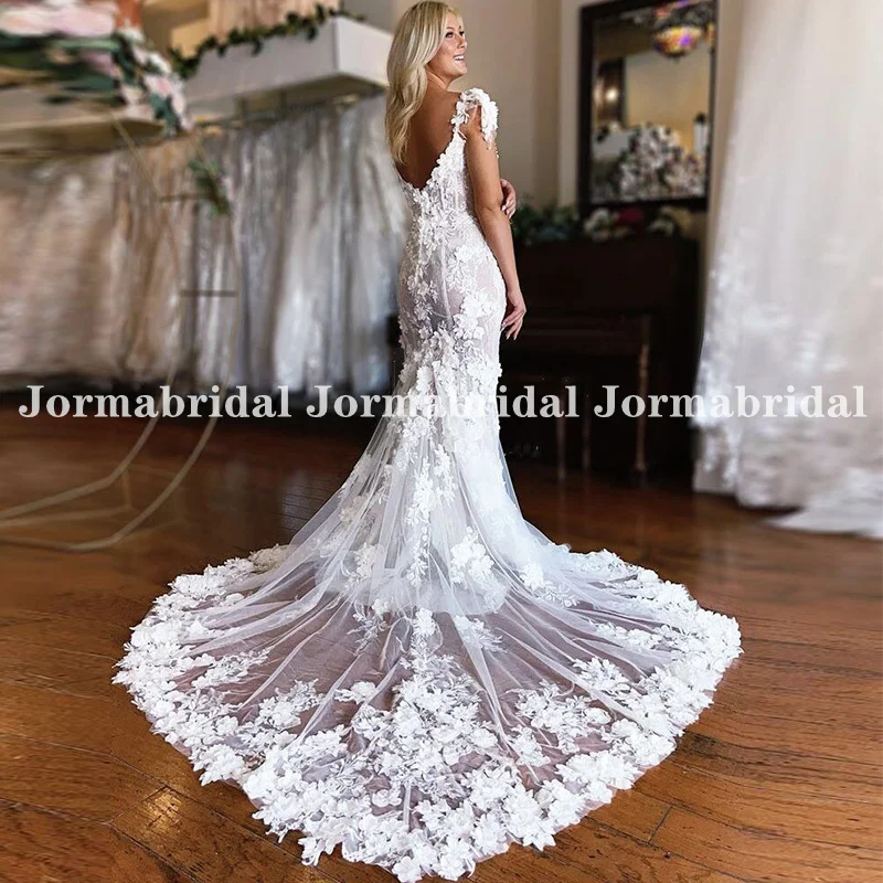 Fairy Mermaid Wedding Dresses with 3D Floral Lace Applique Cap Sleeves Sexy High Split Bridal Dress Exposed Boning Bride Gowns