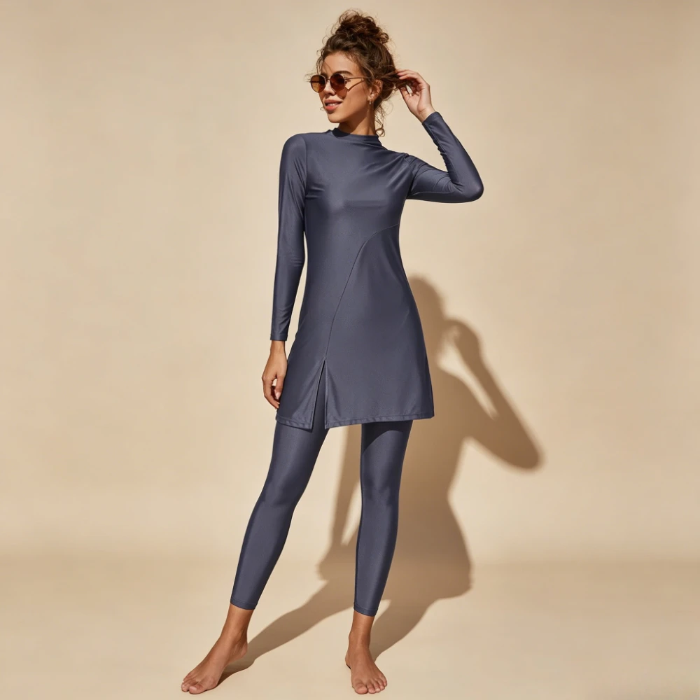2Pcs Split Hem Stand Collar Muslim Burkini Long Sleeve Slim Tunic Modest Full Coverage Islamic Bathing Suit with Hijab for Women