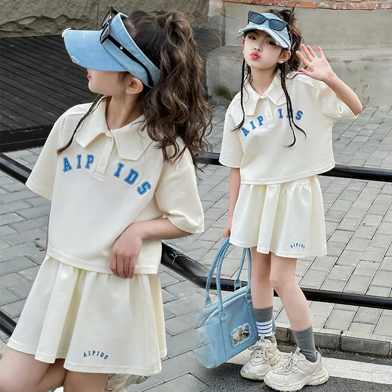 2026 summer girls tennis tracksuit short t-shirt + loose sport pant pleated skirt teenager children set 4 5 6 8 10 12 year