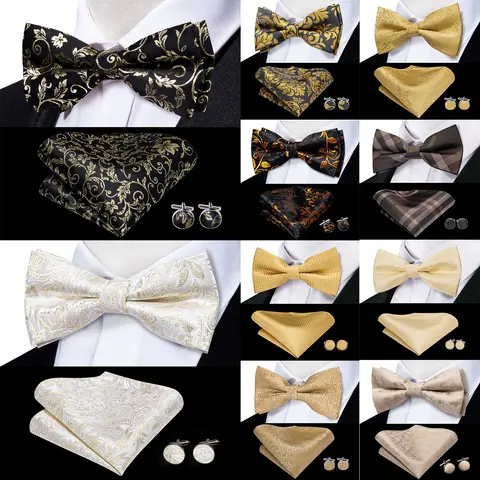 Beige Champagne Gold Mens Bow Tie Hanky Cufflinks Set Jacquard Floral Pre Tied Butterfly Bowtie for Male Wedding silk Business