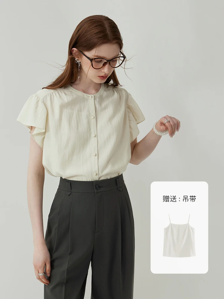 FSLE Flying Sleeves Temperament Shirt Women's Summer 2023 New Ruffled Round Neck Top White Women Casual Loose Women Tops