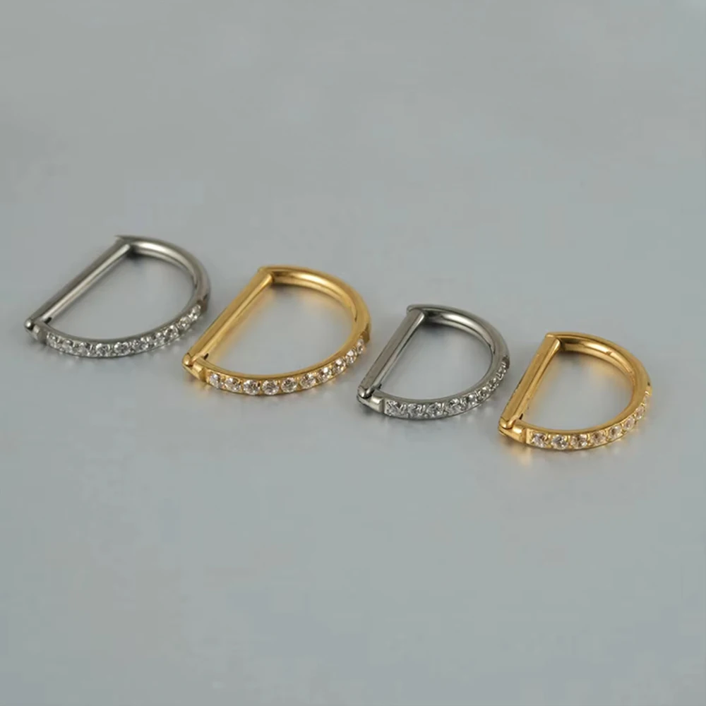 1/10Pcs G23 Titanium ASTM F136 D Shape Septum Ring with CZ 16G Hinged Segment Clicker Hoop Conch Helix Piercing Body Jewelry