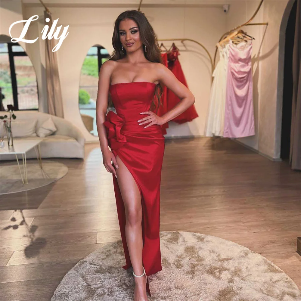 

Lily Red Mermaid Sexy Prom Dresses Pleats Stain Celebrity Dresses High Side Split Sleeveless Strapless Formal Gown فساتين سهرة