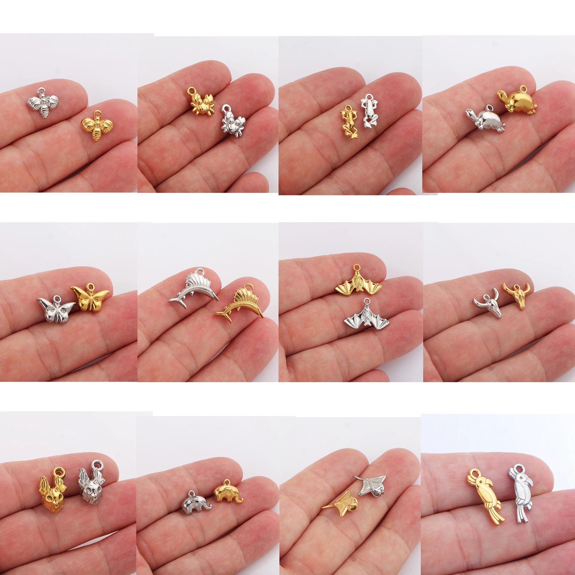 5pcs/lot Stainless Steel Bee Frog Crab Tortoise Butterfly Bull Bat Rabbit Elephant Devil Fish Bird Fish Charm DIY Jewelry Making