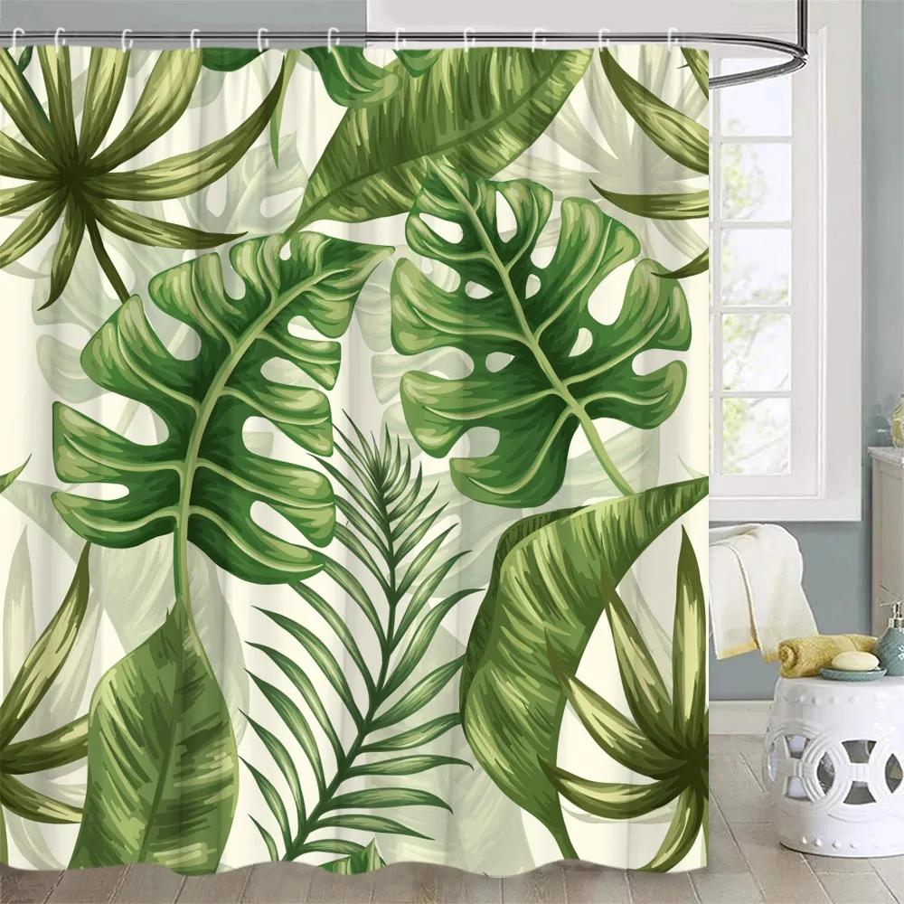 Tropical Plant Greenery Palm Leaf Flower Watercolor Farm Modern Minimalist Printed Polyester Fabric Bathroom Decorative Curtains