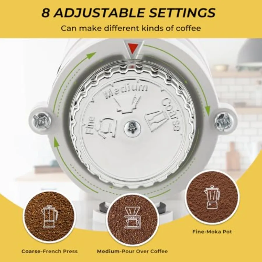 Electric Burr Coffee Grinder for Home Use, Stainless Steel Body, Black, Anti-Static Design with 8 Precise Grind Settings