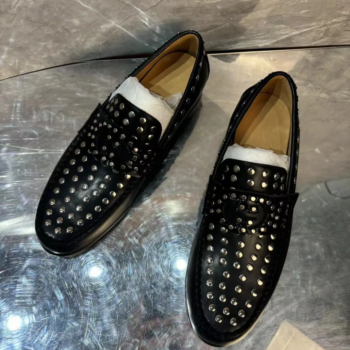 Men Fashion Silver Rivet Black Genuine Leather Single Shoes Round Toe Slip On Male Spring Autumn Anti Slip Single Shoes