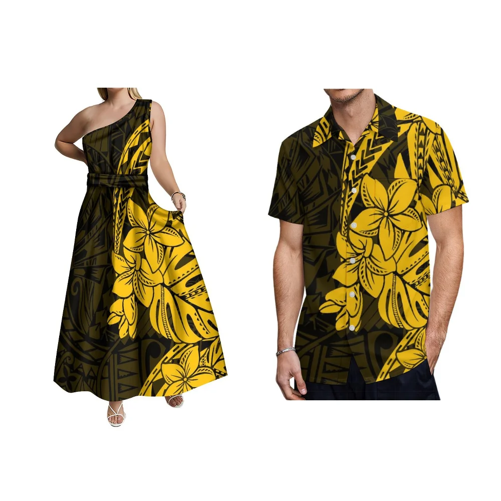 Lace-Up Waist Design Women'S Long Dress Men'S Shirt Custom Polynesian Vintage Print Skin Friendly Soft Fabric Couple'S Dress