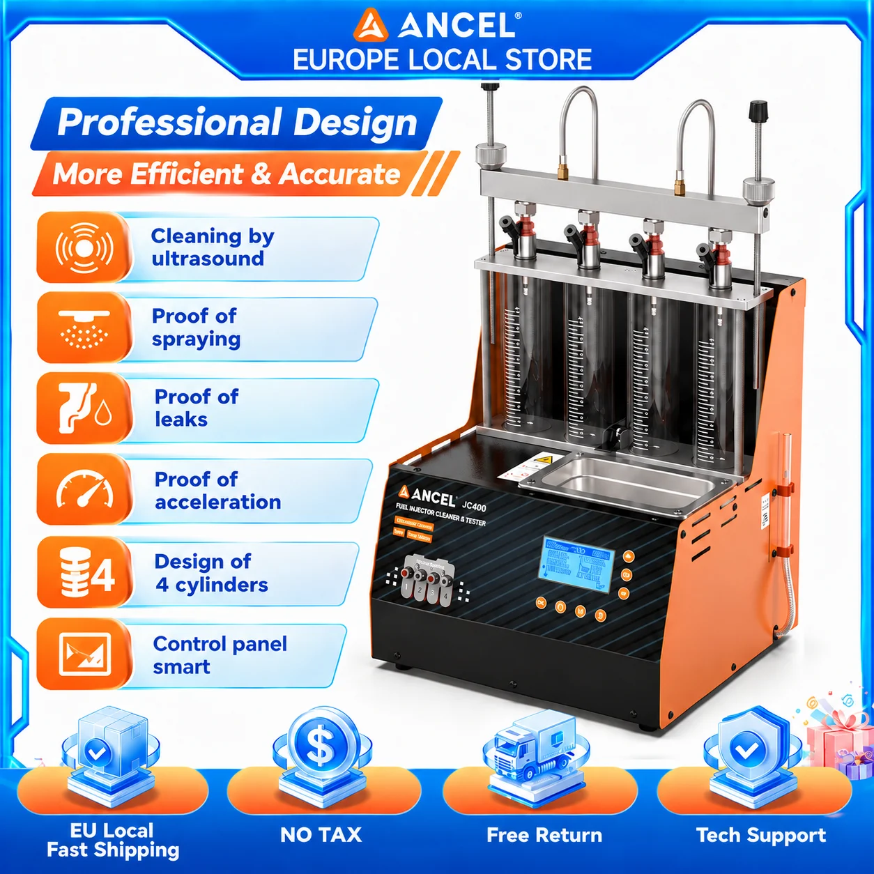 ANCEL JC400 brandstofinjectorreiniger en -tester, 4-cilinder ultrasone reinigingsmachine voor injectoren, GDI EFI FSI, test voor lekkage van spuitmondstukken, reiniger voor brandstofinjectoren,