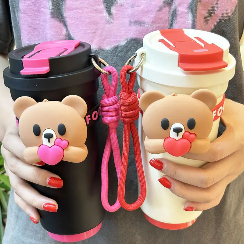 Seaygift Hug bear cartoon doll Double drink straw thermos tumbler coffee cup student back to school gift vacuum insulated bottle