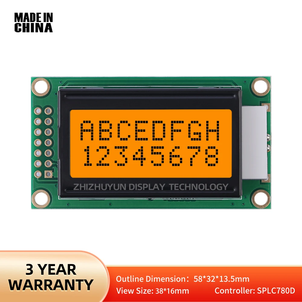 Manufacturer 8*2 Character Orange Light 0802B-2 LCD Screen 14PIN Controller SPLC780D Multilingual Module