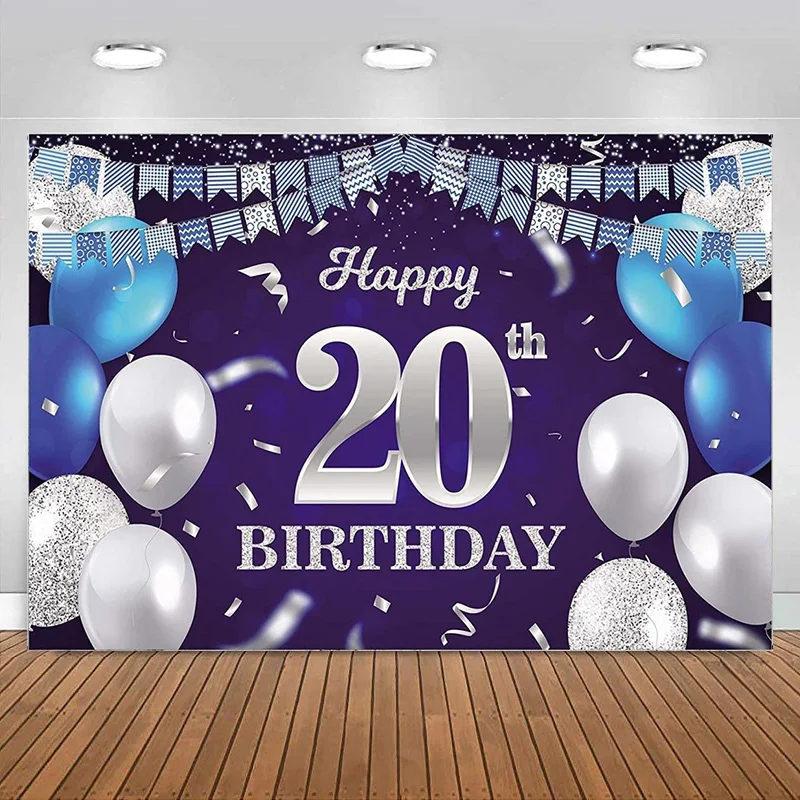 

Happy 20th Birthday Banner Backdrop Blue Balloons Confetti Flag Decorations Decor for Women Men Party Photography Background