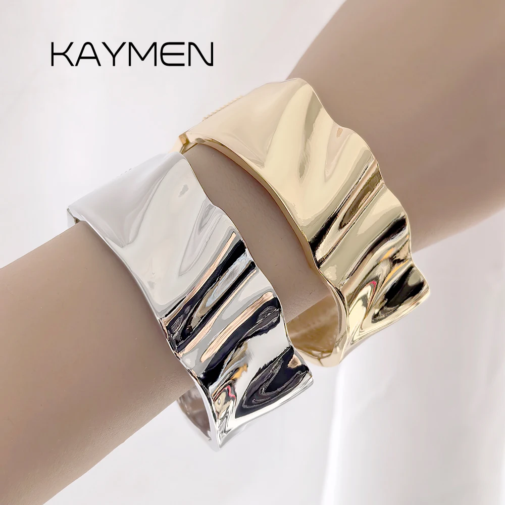 Delicate Ribbon Shape Shiny Geometric Metal Wide Bangle Gold Silver Open Thick Irregular Wave Bracelet Jewelry Women Fashion