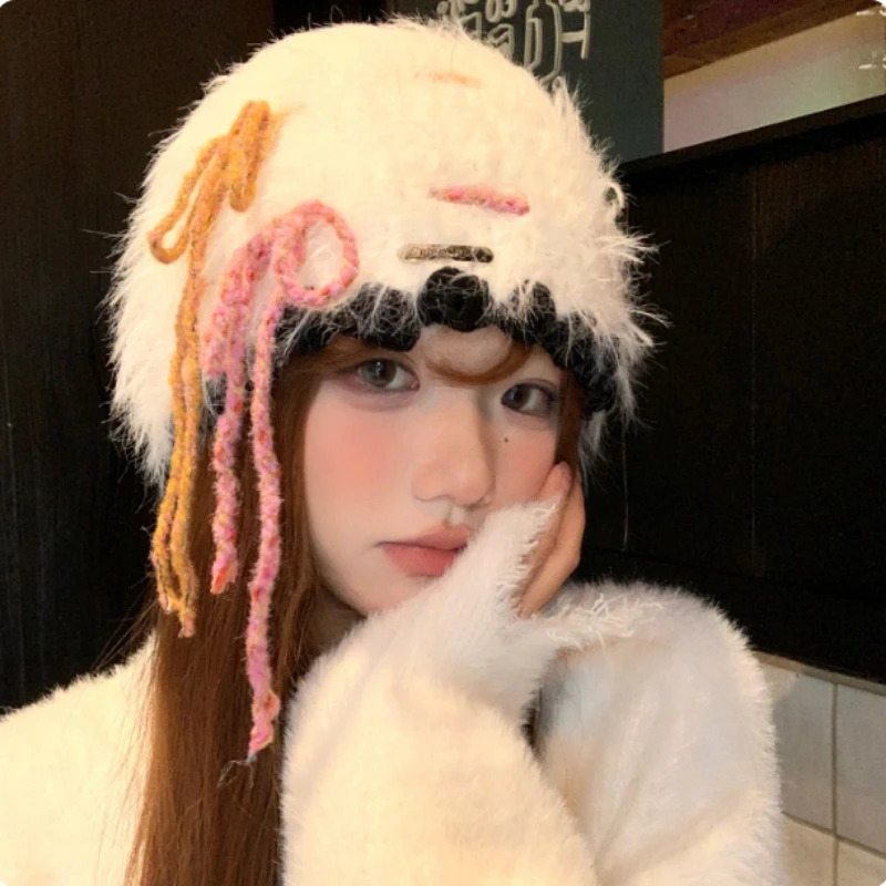 

Нишевый корейский пуловер ручной работы с бантом, вязаная шапка, женская зимняя теплая шапка из искусственного норкового волоса с черепом, шапки-бини