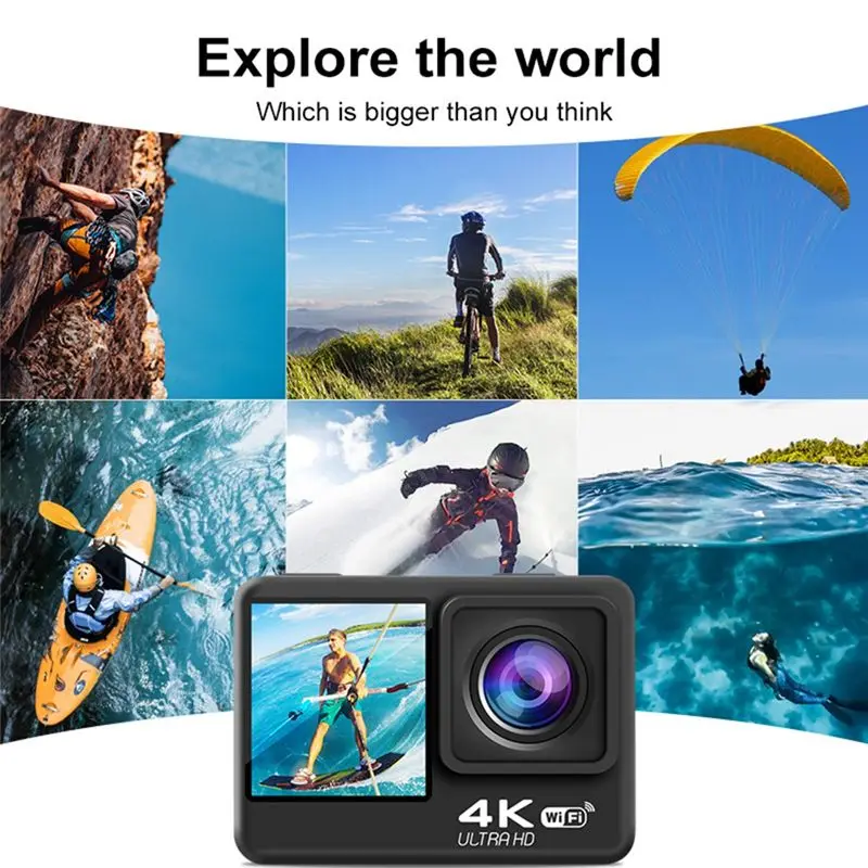 

Спортивная экшн-камера 4K 60FPS с Wi-Fi, стабилизацией изображения, двумя экранами и углом обзора 170° ° Широкоугольная водонепроницаемая спортивная камера с защитой от воды до 30 метров