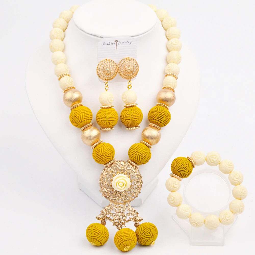 

Nigerian bride wedding jewelry African female exquisite imitation coral White and yellow necklace wedding jewelry set SHXY-09