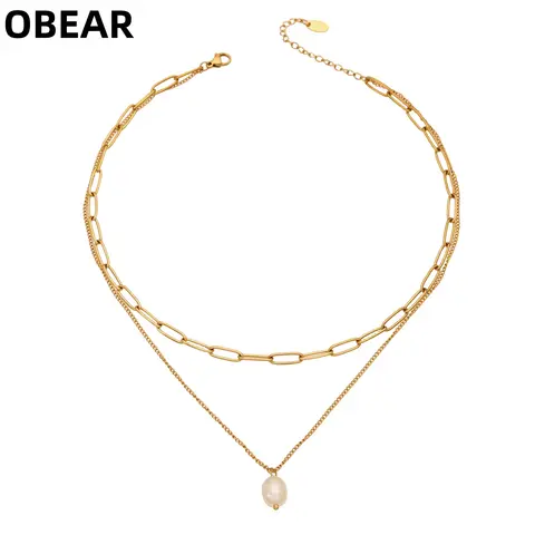 18K Gold Plated Stainless Steel Double Layer Baroque Pearl Pendant Dainty Layered Choker Necklaces for Women Fashion Jewelry